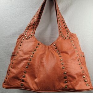 SHIRALEAH Studded Orange Leather Tote Bag Large Boho Hobo Shoulder Bag